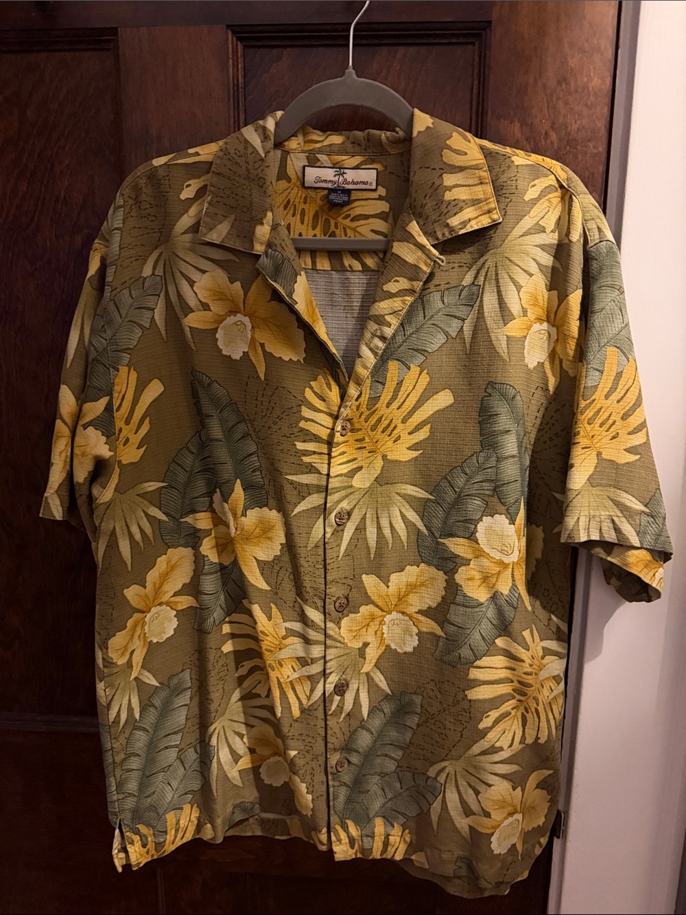 Tommy Bahama silk Olive & Yellow Tropical Camp Shirt